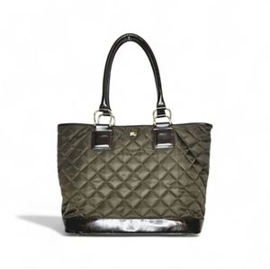 Burberry Quilted, Nylon tote Handbag. Olive Green and dark Brown. Large.
